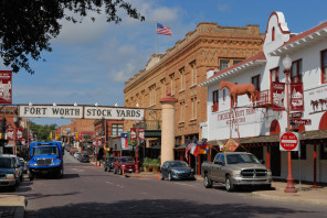 Exchange Avenue, The Stockyards Hotel, and Fincher's White Front Western Store in the Fort Worth Stockyards Historic Distric. NRHP Ref 76002067.